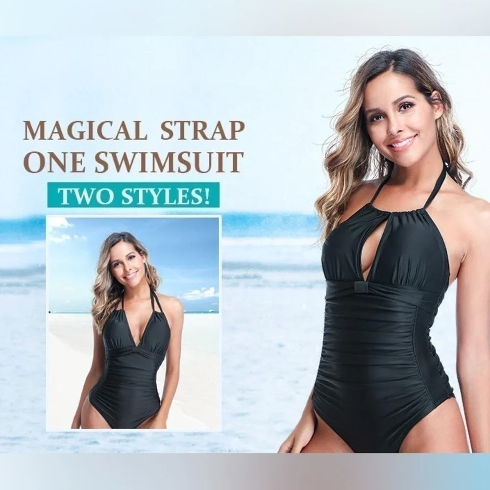 Smismivo Tummy Control Halter One Piece Retro Swimsuit Size Small Navy